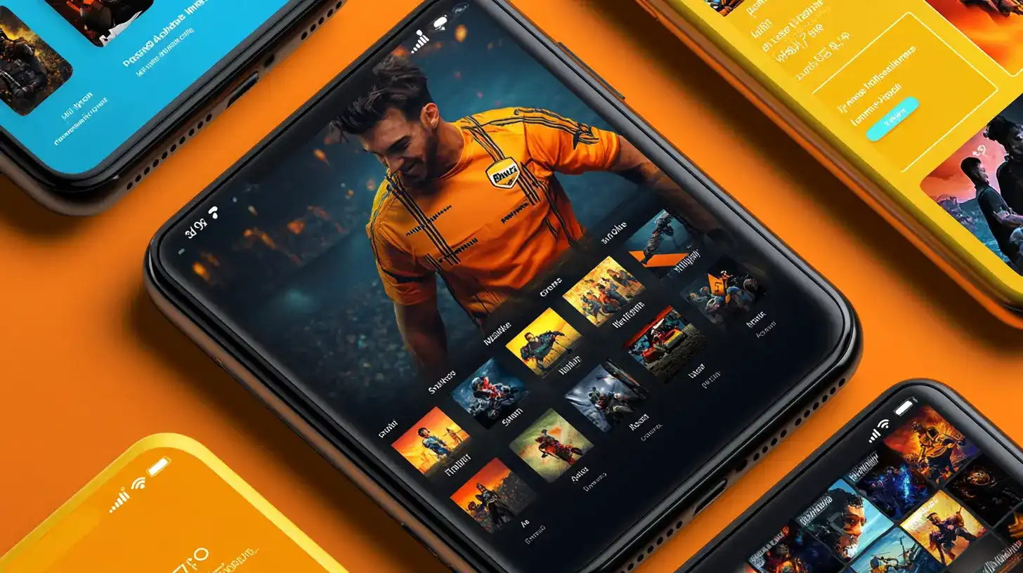Multiple OKWW device screens displaying various action games and gaming interfaces with dynamic orange and blue color scheme