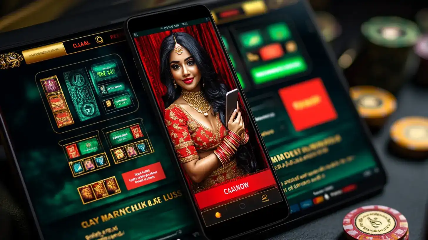 Elegant Indian woman in red and gold traditional attire with jewelry using OKWW mobile casino interface with gaming screens