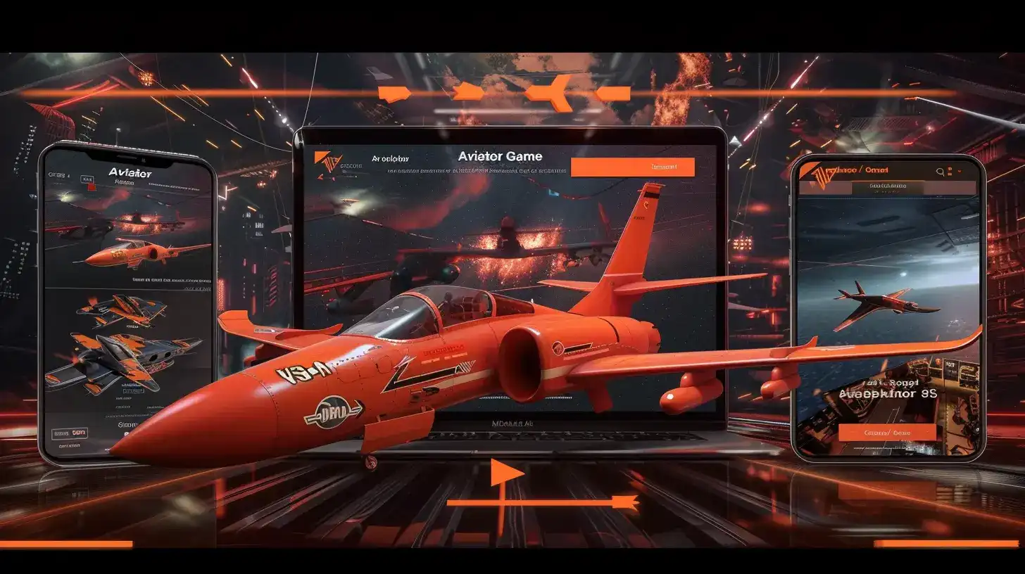 Futuristic red aircraft displayed across multiple OKWW Aviator game devices with high-tech orange and black interface design