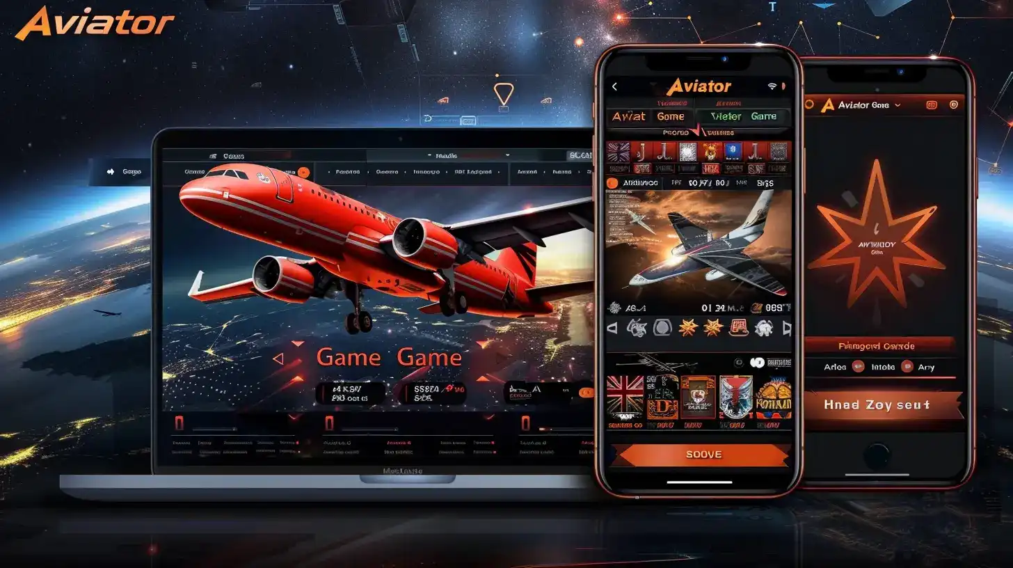 Red commercial aircraft featured on OKWW Aviator game across laptop and mobile devices with space-themed gaming interface