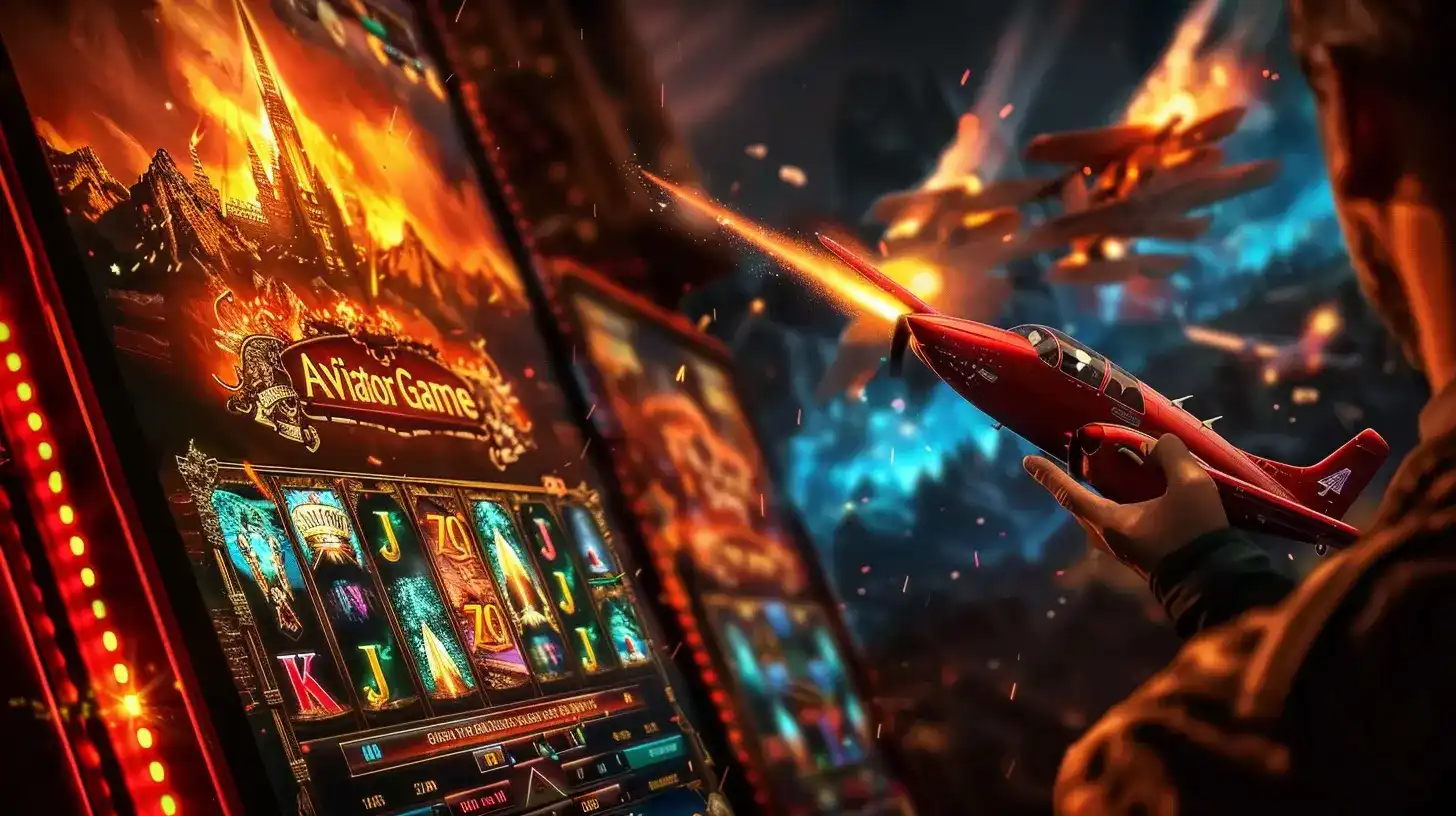 Hand holding smartphone with OKWW Aviator slot machine game featuring Aztec-themed symbols in dramatic casino atmosphere