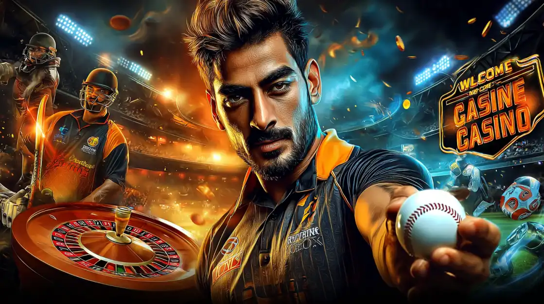 Intense male player holding baseball in dynamic stadium setting with OKWW casino roulette wheel and sports betting atmosphere