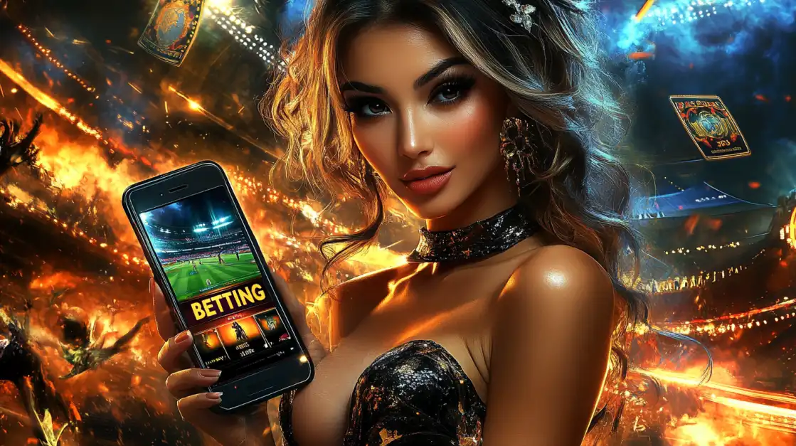 Glamorous woman with flowing hair holding smartphone showing OKWW betting app against dramatic stadium lights and sports atmosphere