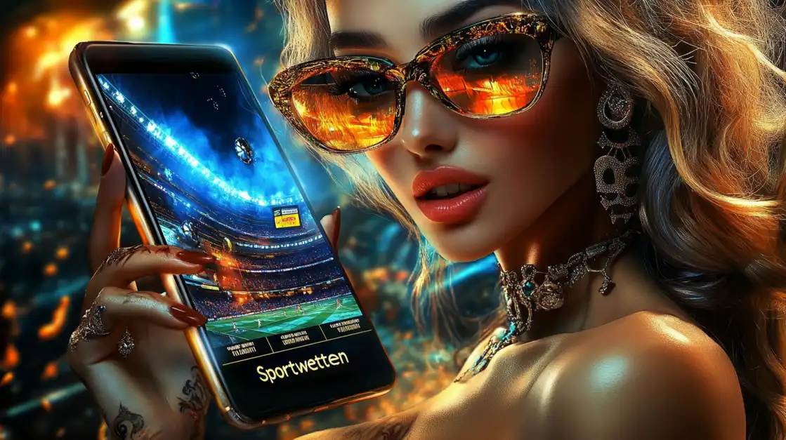 Sophisticated woman wearing designer sunglasses holding OKWW Sportwetten mobile betting app with stadium background atmosphere
