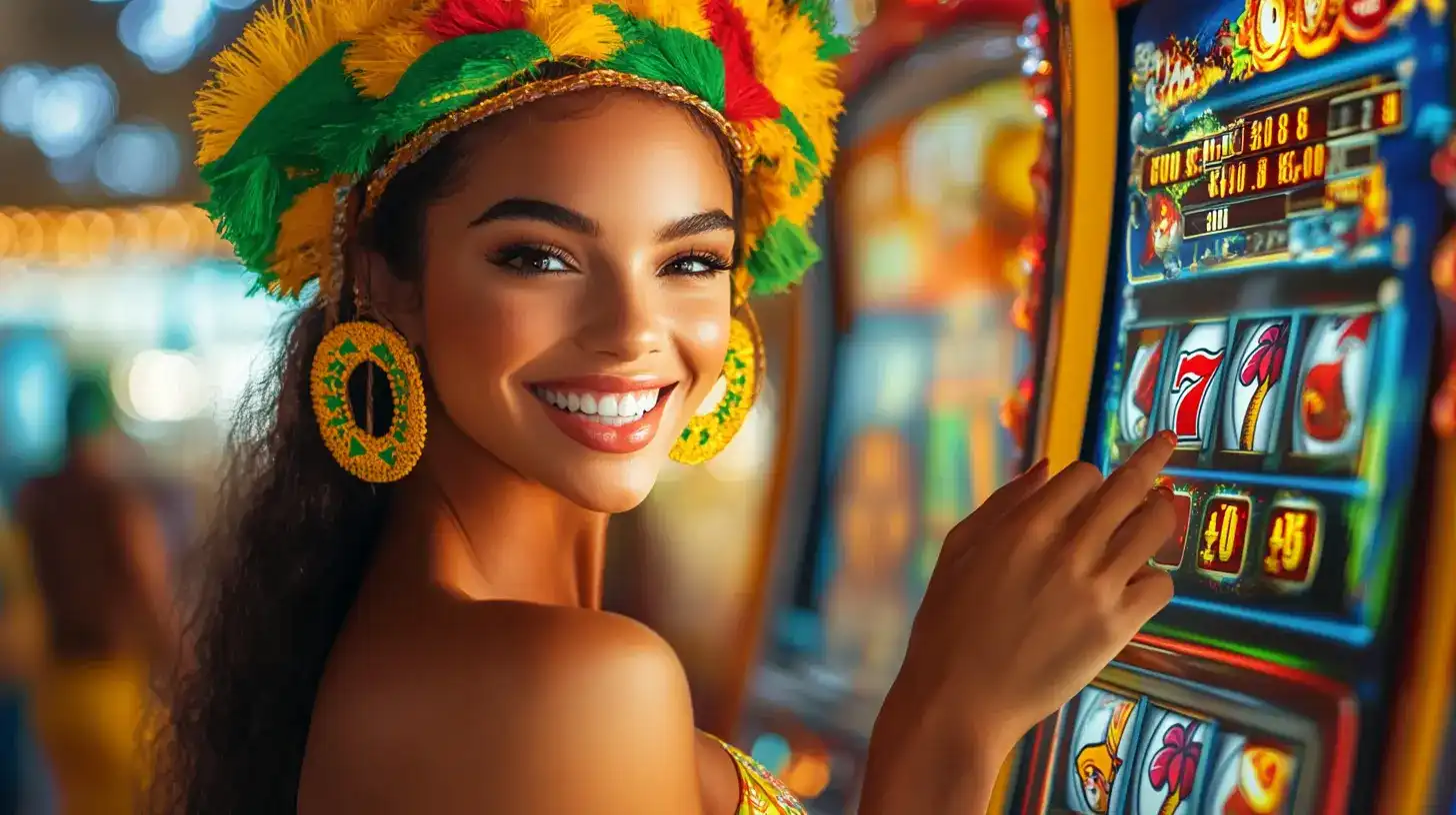 Joyful Brazilian woman in vibrant carnival headdress with green and yellow feathers playing OKWW slot machines in festive casino