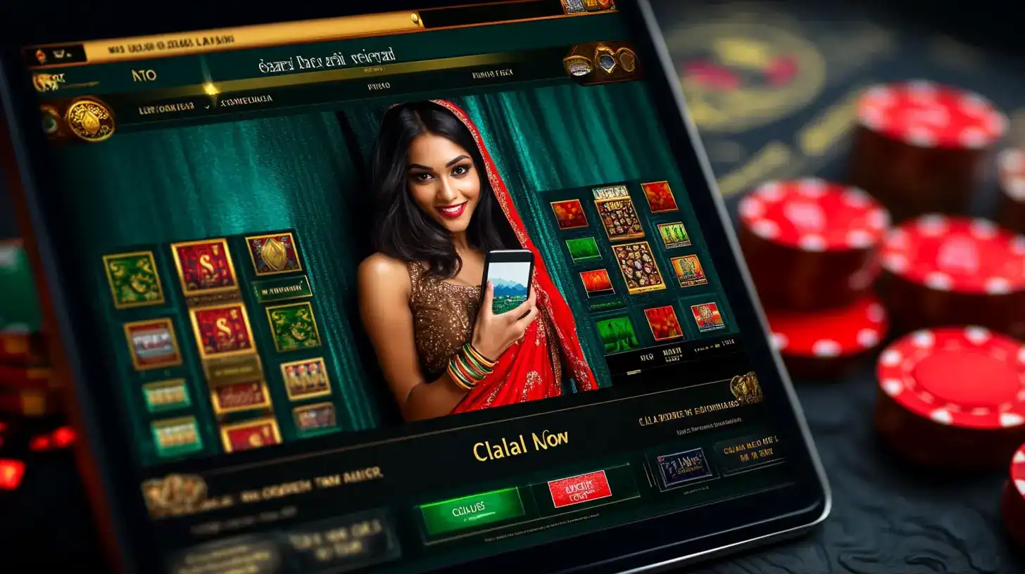 Elegant Indian woman in red traditional saree holding smartphone with OKWW casino gaming interface displayed on tablet screen
