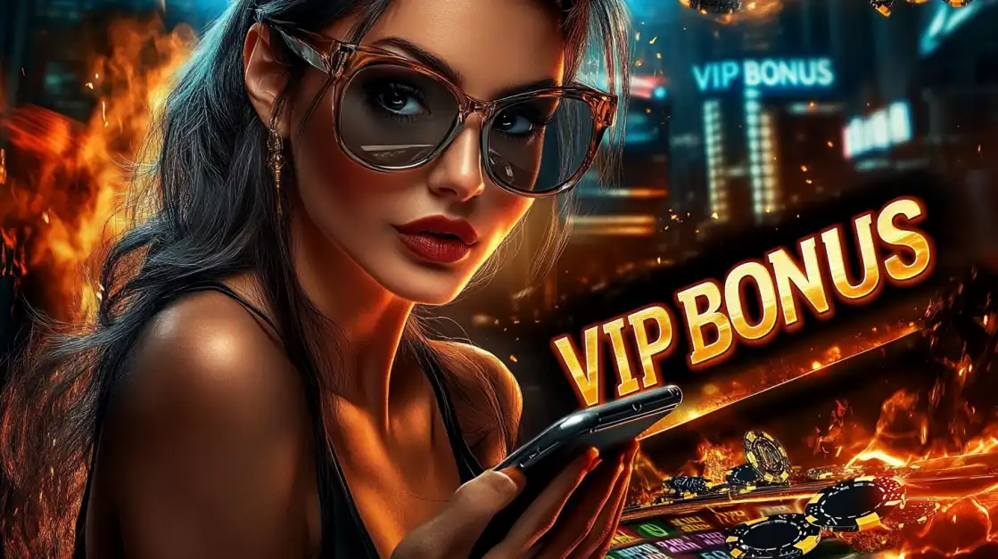 Sophisticated woman wearing stylish sunglasses in luxury casino environment promoting OKWW VIP bonus offers with golden atmosphere