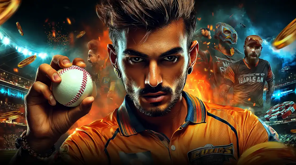 Intense male baseball player in orange uniform holding ball with OKWW branding in dramatic sports stadium betting environment