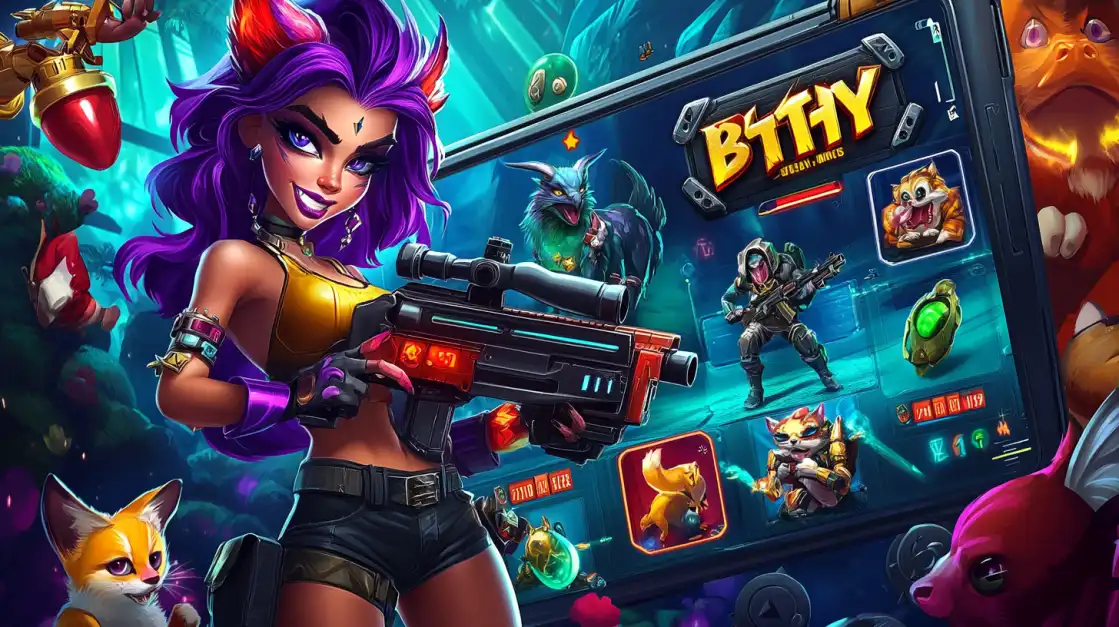 Fierce purple-haired female warrior with futuristic weapons showcasing OKWW BTTHY battle royale gaming with action-packed gameplay