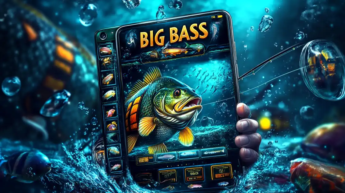 Immersive underwater fishing scene with OKWW Big Bass slot game displayed on mobile device surrounded by bubbles and aquatic gaming atmosphere