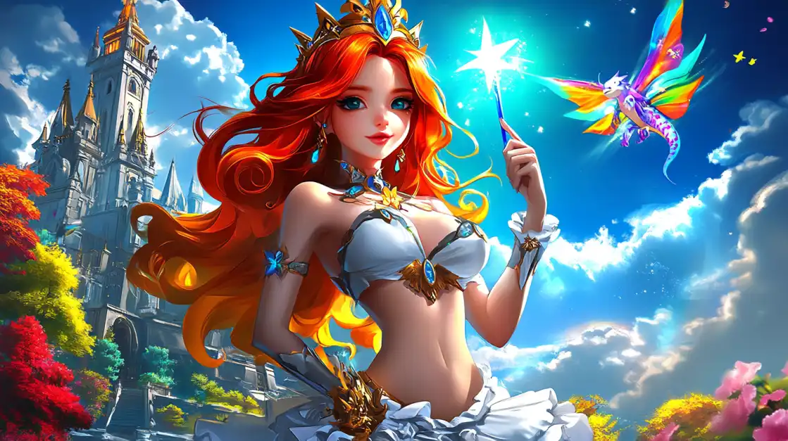 Beautiful fantasy princess with flowing red hair and magical wand in enchanted castle setting for OKWW magical gaming adventures