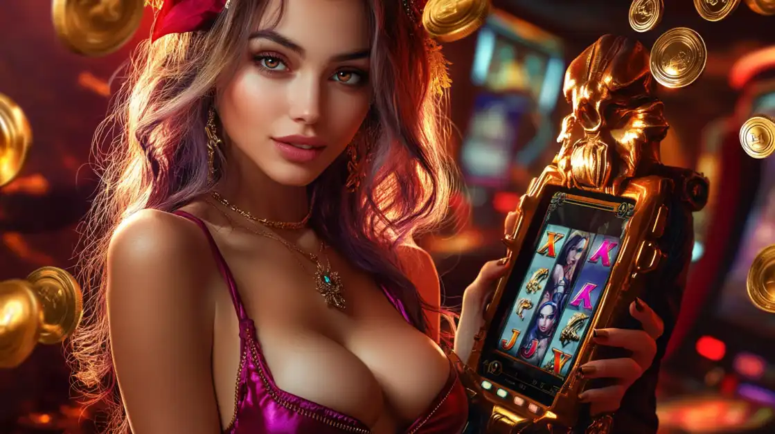 Beautiful brunette woman with long wavy hair holding OKWW mobile slot machine surrounded by golden coins in luxury casino