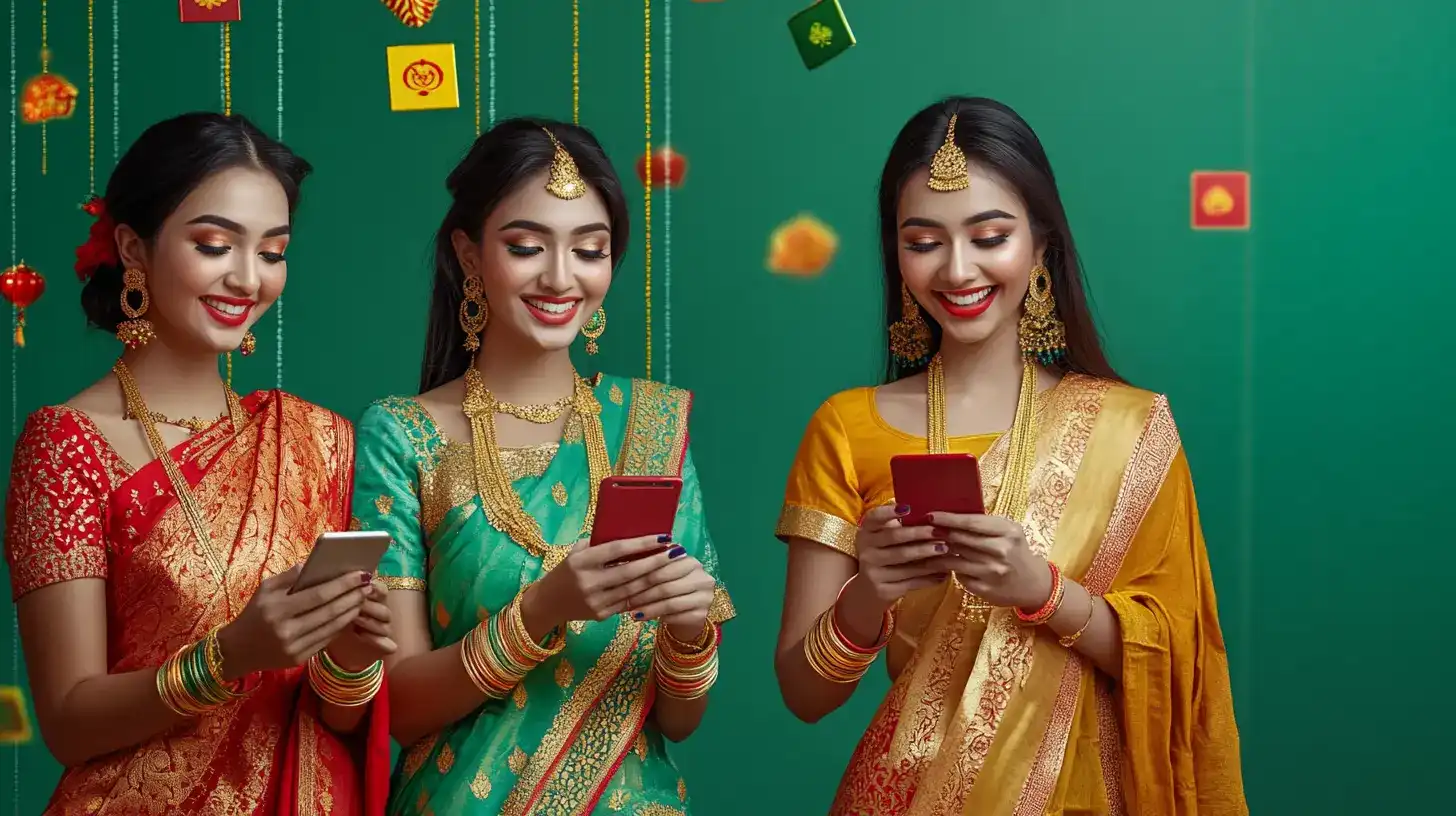 Three beautiful Indian women in colorful traditional sarees with gold jewelry using OKWW mobile gaming platform during festival celebration