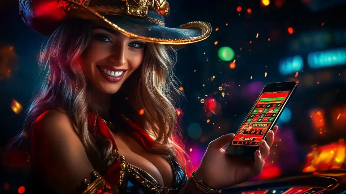 Smiling blonde woman in decorative cowboy hat playing OKWW mobile casino games with vibrant colorful lights background