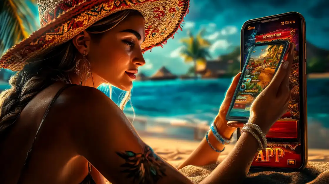 Beautiful woman in decorative sombrero playing OKWW mobile casino on tropical beach with palm trees and ocean background