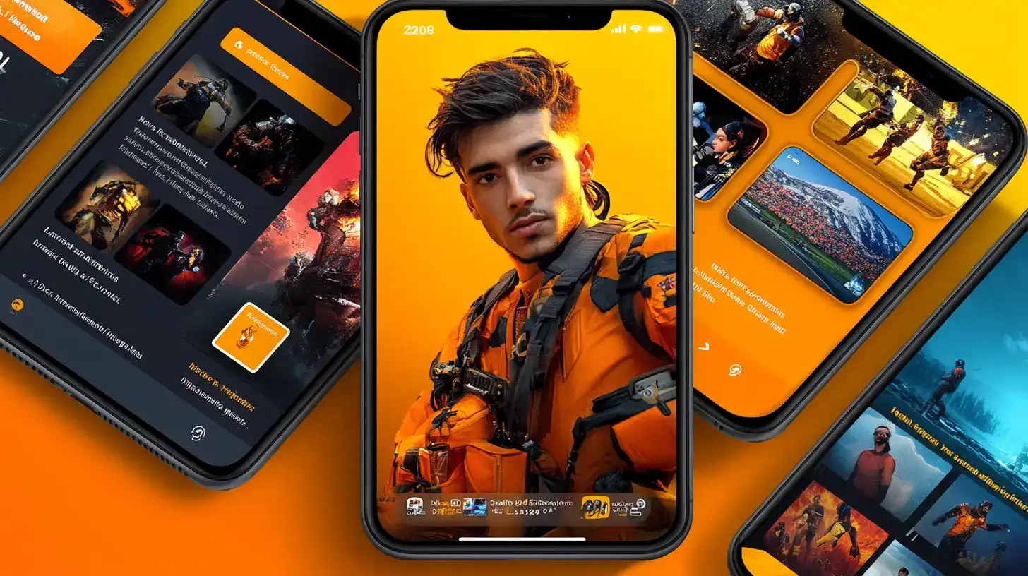 Military soldier character featured across multiple OKWW device screens showing diverse gaming options with orange interface design