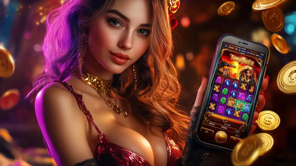 Stunning woman with purple and orange hair holding smartphone showing OKWW Tombirus slot machine surrounded by golden coins