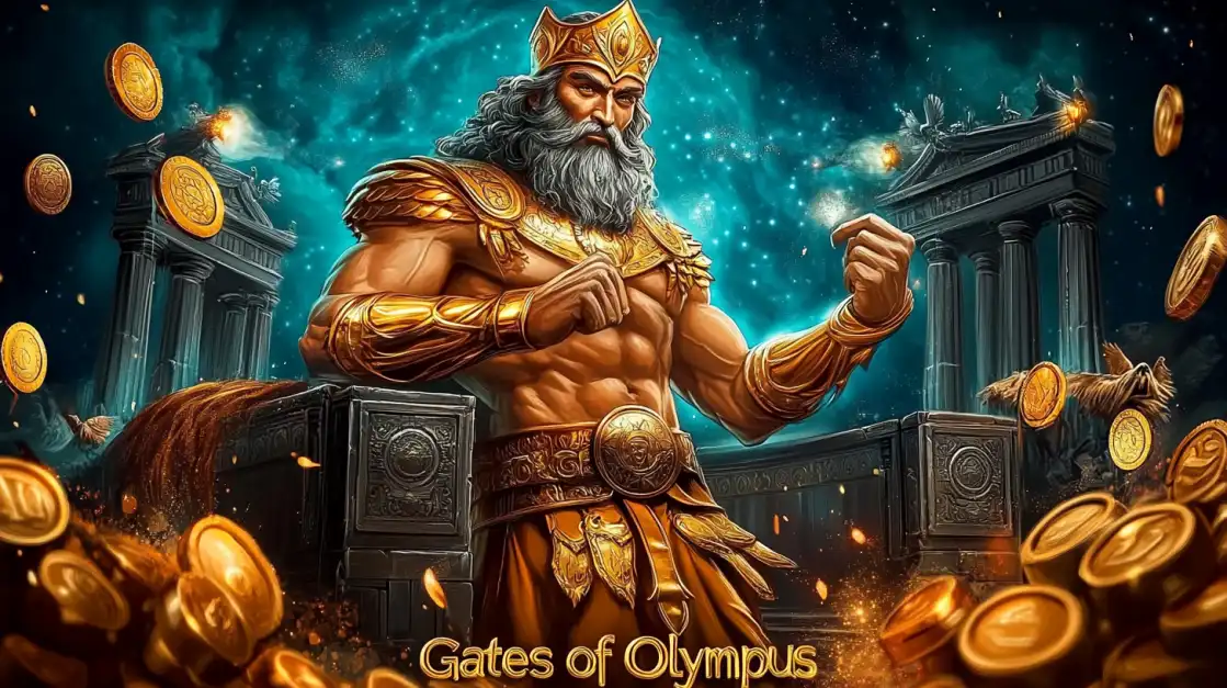 Mighty Zeus with golden crown and armor surrounded by ancient Greek temples and golden coins for OKWW Gates of Olympus slot game