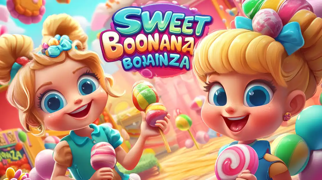 Adorable cartoon children with blonde hair enjoying colorful candies and sweets in OKWW Sweet Bonanza slot game fantasy world